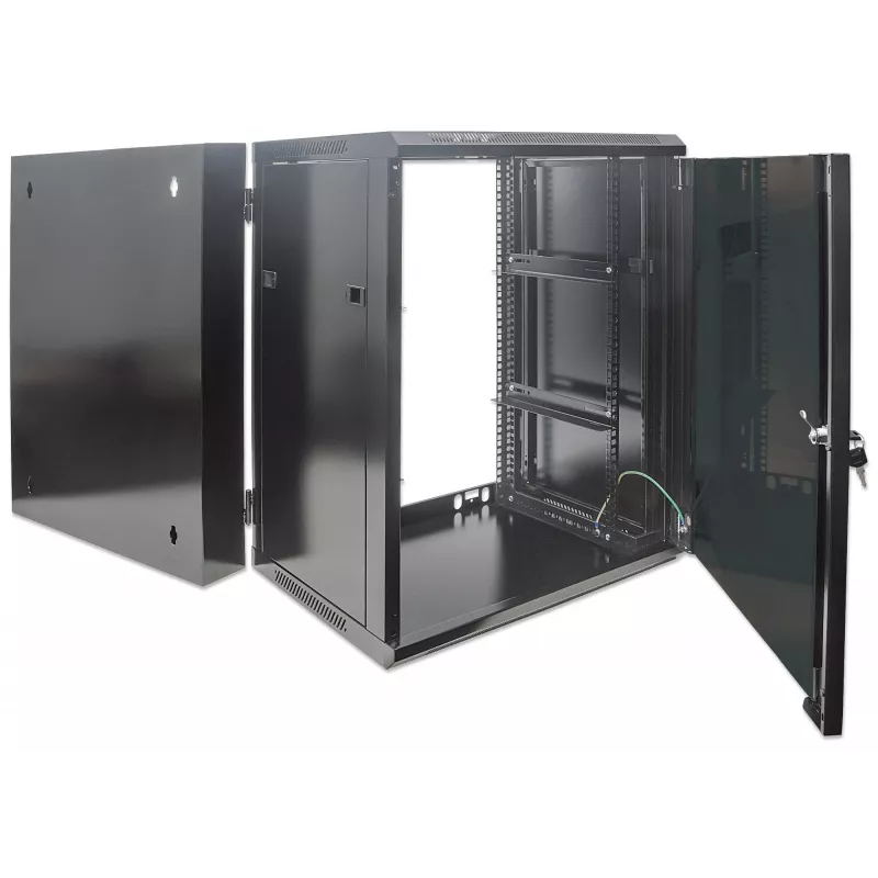 Intellinet 19 collu tīkla skapis - sienas montāža (divu sekciju šarnīra izvēršana), 15U, 550mm dziļš, melns, salikts, max 30kg, izvēršas, lai piekļūtu aizmugurei