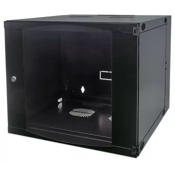 Intellinet 19 collu tīkla skapis – sienas montāža (divu sekciju veramais izvelkamais), 12U, 600mm dziļš, melns, plakanpakā, max 30kg, izvelkams, lai piekļūtu skapja aizmugurei, uzstādot uz sienas, statīvs, lietderīgais dziļums 385mm, sienas montāžas daļas