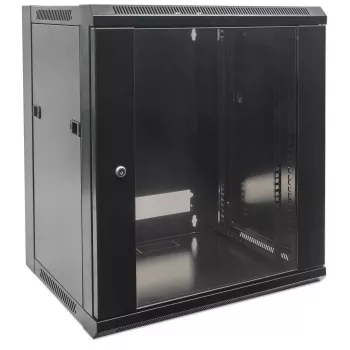 Intellinet 19 collu tīkla skapis - sienas montāžas (standarta), 15U, 450mm dziļš, melns, komplektā izjaukts, maks. 60kg, metāla un stikla durvis, aizmugurējais panelis, noņemamas sānu malas, piemērots arī lietošanai uz galda vai grīdas, izmantojamais dziļ