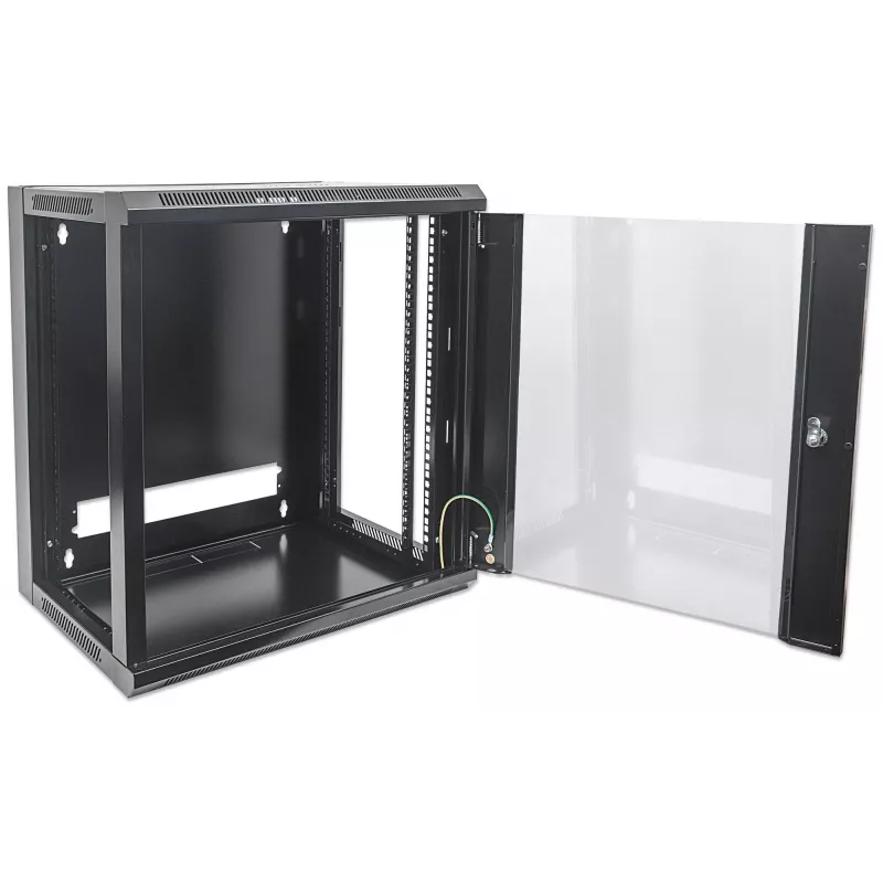 Intellinet 19 collu tīkla skapis - sienas montāžas (standarta), 15U, 450mm dziļš, melns, komplektā izjaukts, maks. 60kg, metāla un stikla durvis, aizmugurējais panelis, noņemamas sānu malas, piemērots arī lietošanai uz galda vai grīdas, izmantojamais dziļ