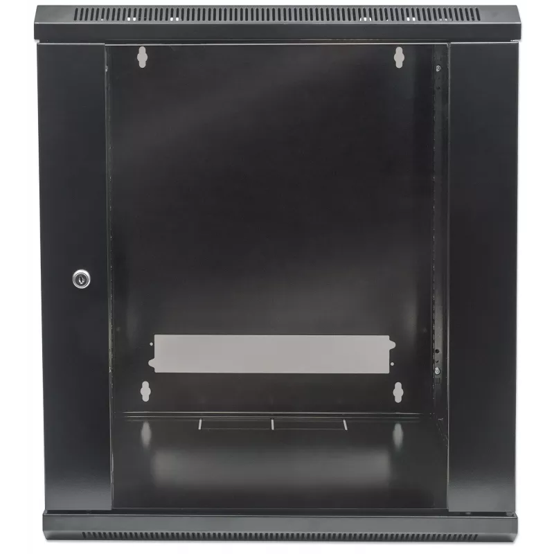 Intellinet 19 inch tīkla skapis - sienas stiprinājums (standarta), 9U, 600mm dziļš, melns, plakanpakete, maks. 60kg, piemērots arī lietošanai uz galda vai grīdas, lietderīgais dziļums 410mm, metāla un stikla durvis, aizmugures panelis, noņemamas sānu sienas, 