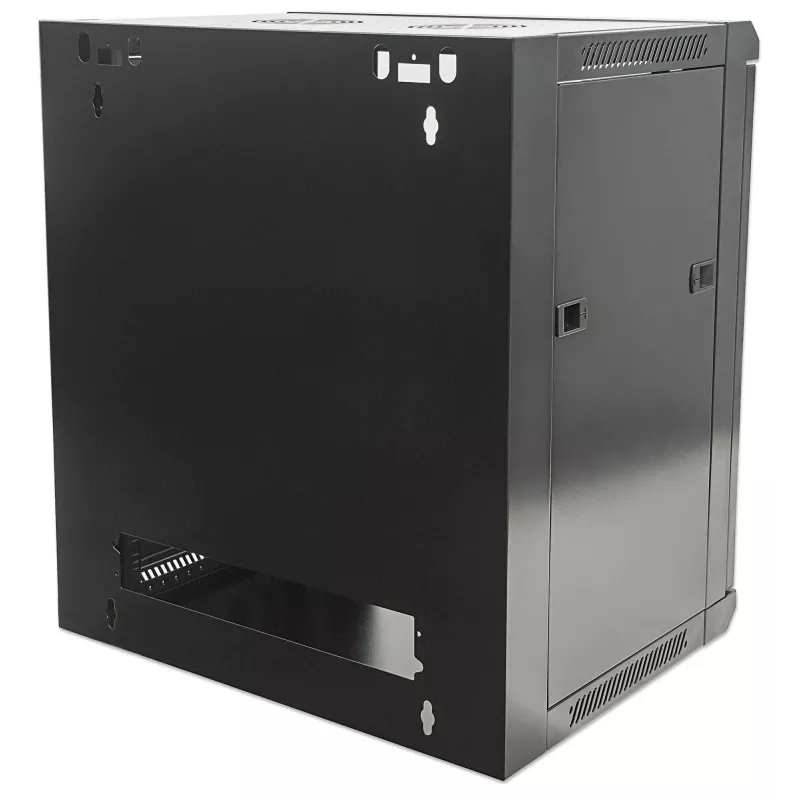 Intellinet 19 inch tīkla skapis - sienas stiprinājums (standarta), 9U, 600mm dziļš, melns, plakanpakete, maks. 60kg, piemērots arī lietošanai uz galda vai grīdas, lietderīgais dziļums 410mm, metāla un stikla durvis, aizmugures panelis, noņemamas sānu sienas, 