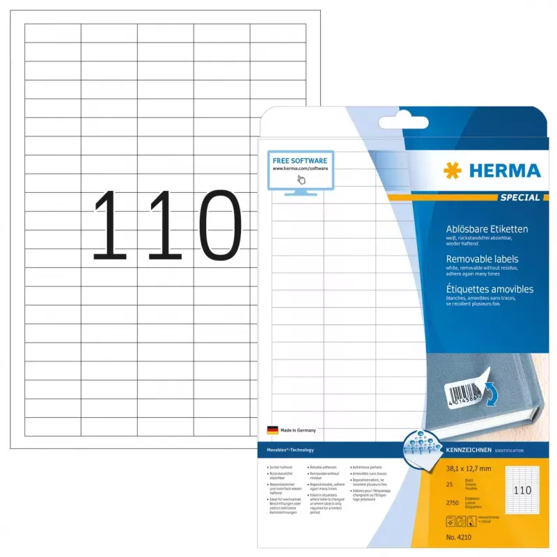 Pašlīmējošā printera etiķete HERMA Noņemamās etiķetes A4 38,1x12,7 mm