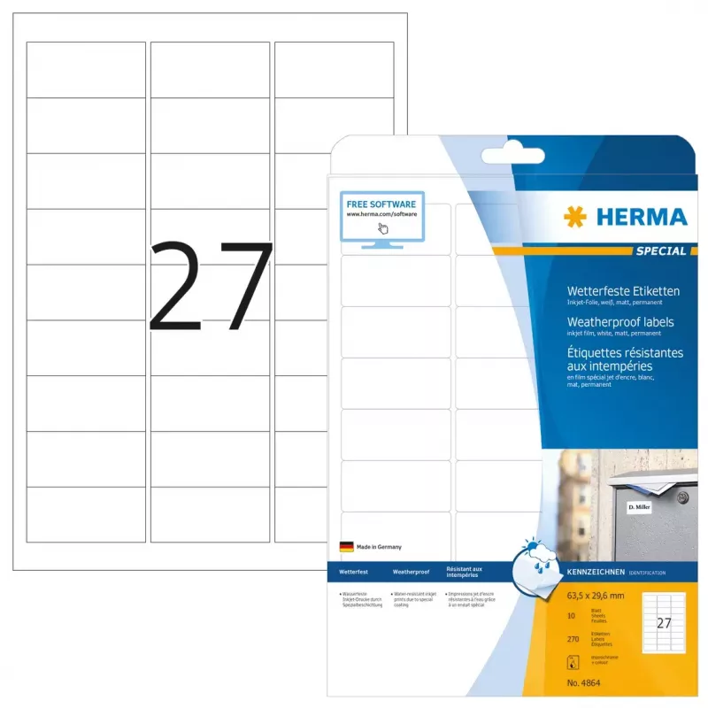 HERMA A4 63.5x29.6 mm matts balts laikapstākļiem izturīgs plēves inkjet uzlīmes 270 gab.