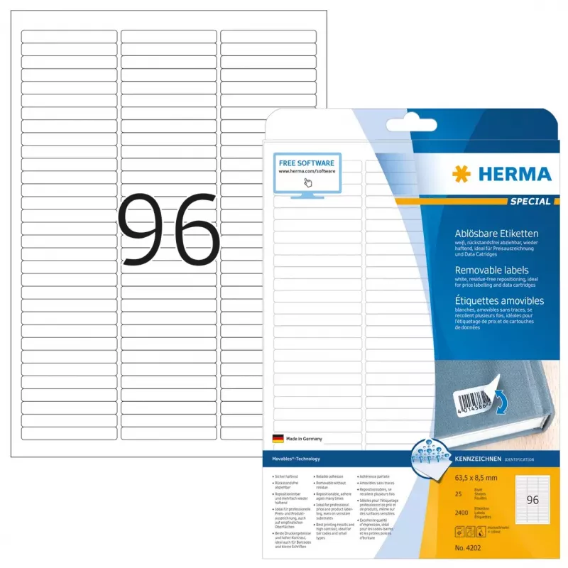 Noņemamās uzlīmes HERMA 63.5x8.5 mm 2400 gab.