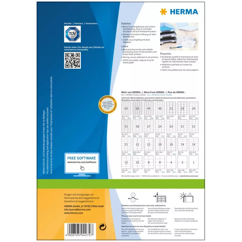 Pašlīmējošas printera etiķetes HERMA Labels Premium A4 48,3x25,4 mm