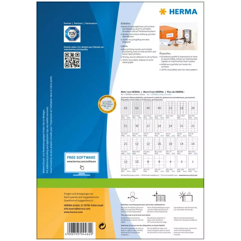 HERMA Labels Premium A4 105x37 mm pašlīmējošās printera etiķetes