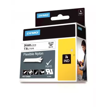 DYMO IND Elastīgais neilona lente, Melns uz balta, Daudzkrāsains, Neilons, -10 - 80 °C, UL 969, DYMO