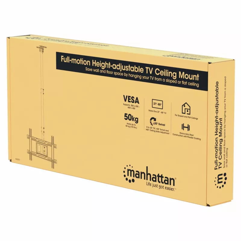 Manhattan griestu stiprinājums TV un monitoriem, 37-65 collas, regulējams augstums 70-157 cm, VESA 200x200-600x400mm, līdz 50 kg