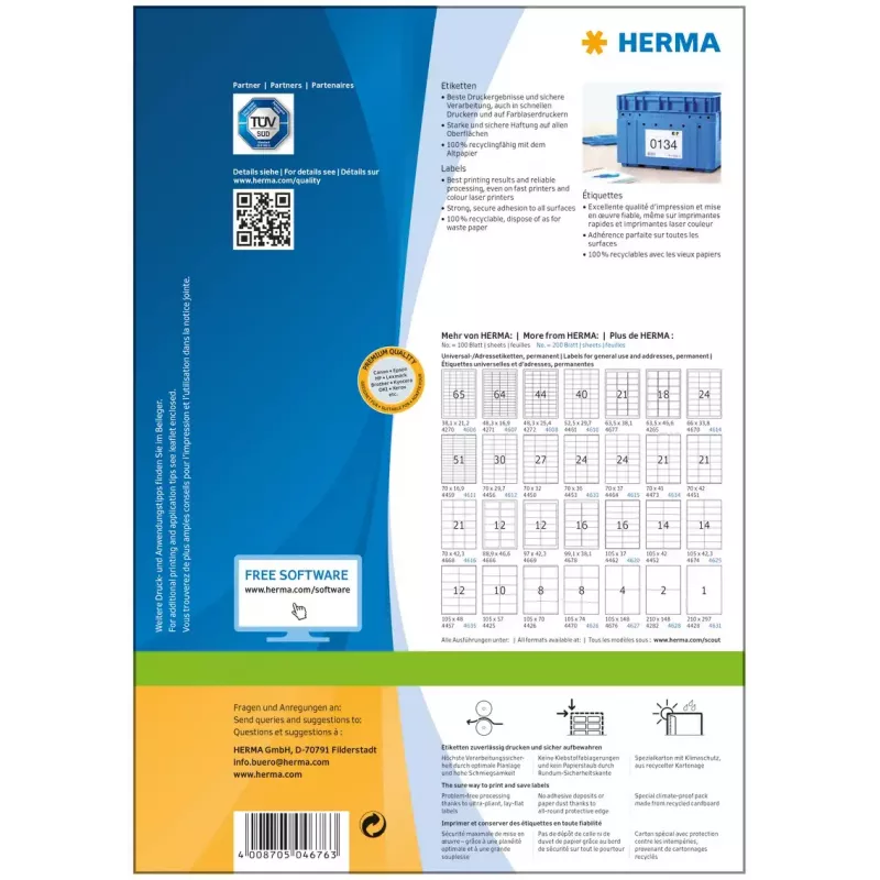 Uzlīmes HERMA Premium A4 105x148 mm balts papīrs matēts 400 gab.