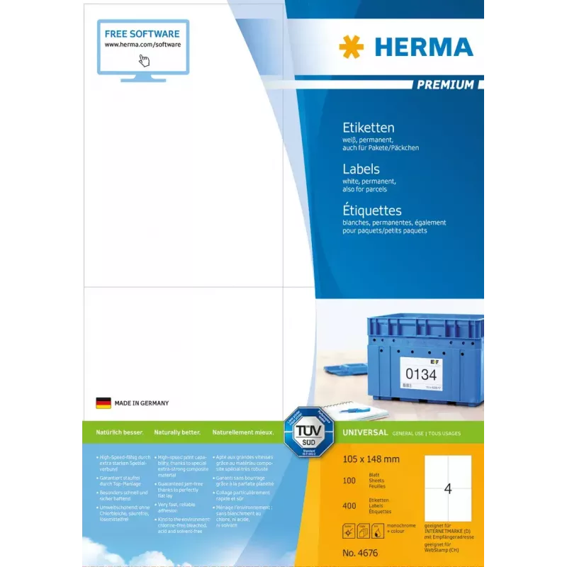 Uzlīmes HERMA Premium A4 105x148 mm balts papīrs matēts 400 gab.