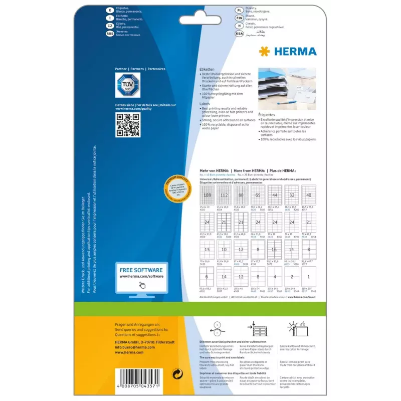 Pašlīmējošās printera uzlīmes HERMA Labels Premium A4 48,5x25,4 mm