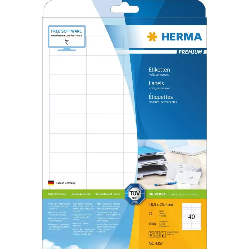 Pašlīmējošās printera uzlīmes HERMA Labels Premium A4 48,5x25,4 mm