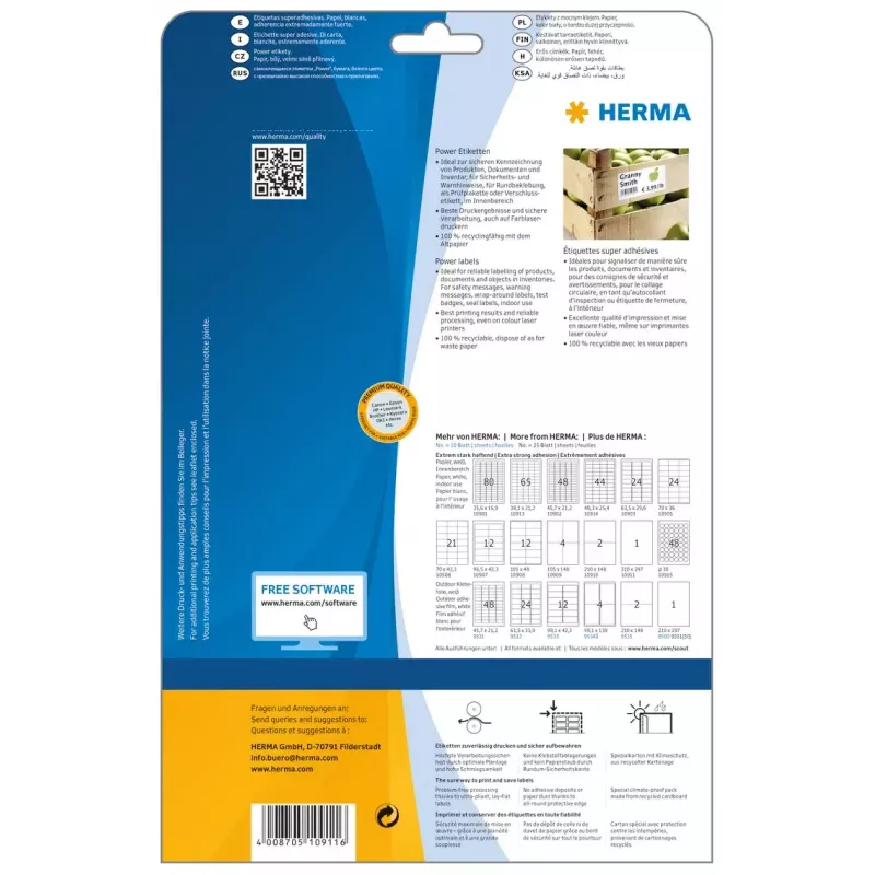 Pašlīmējošā printera etiķete HERMA Labels A4 210x297 mm balta īpaši stipra saķere papīrs matēts 25 gab.