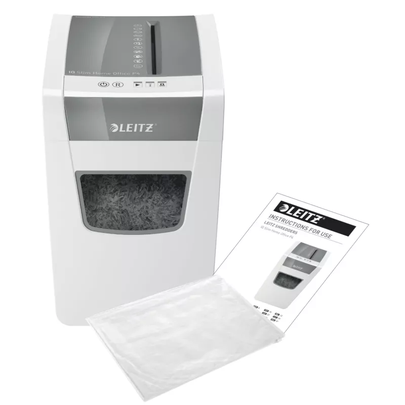 Leitz IQ Slim Home Office Papīra Smalcinātājs P4, Šķērsgriezuma smalcināšana, 22 cm, 4 x 28 mm, 23 L, 10 lapas, 58 dB