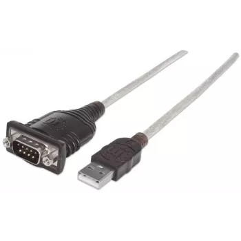 Manhattan USB-A uz Serial Converter kabelis, 1.8m, Vīrietis-Vīrietis, Serial/RS232/COM/DB9, Prolific PL-2303RA mikroshēma, Melns/Sudrabs, Trīs gadu garantija