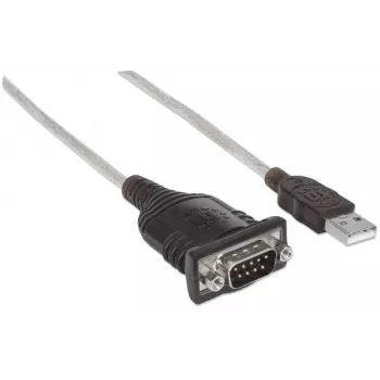 Manhattan USB-A uz Serial Converter kabelis, 1.8m, Vīrietis-Vīrietis, Serial/RS232/COM/DB9, Prolific PL-2303RA mikroshēma, Melns/Sudrabs, Trīs gadu garantija