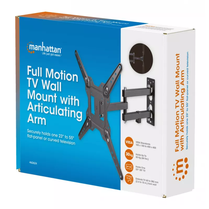 Manhattan pilnas kustības sienas stiprinājums TV un monitoriem, 32-55 collām, VESA 100x100-400x400mm, līdz 30kg, melns