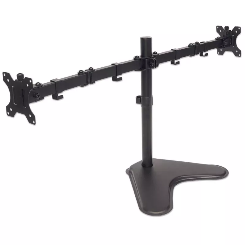 Divkāršais galda stiprinājums Manhattan monitoriem un TV (pilna kustība), brīvi stāvošs, 10-27 collu ekrāniem, VESA 75x75 un 100x100mm, līdz 8kg katram, melns