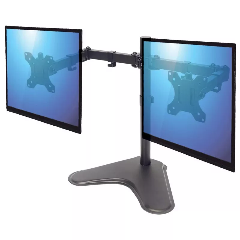 Divkāršais galda stiprinājums Manhattan monitoriem un TV (pilna kustība), brīvi stāvošs, 10-27 collu ekrāniem, VESA 75x75 un 100x100mm, līdz 8kg katram, melns