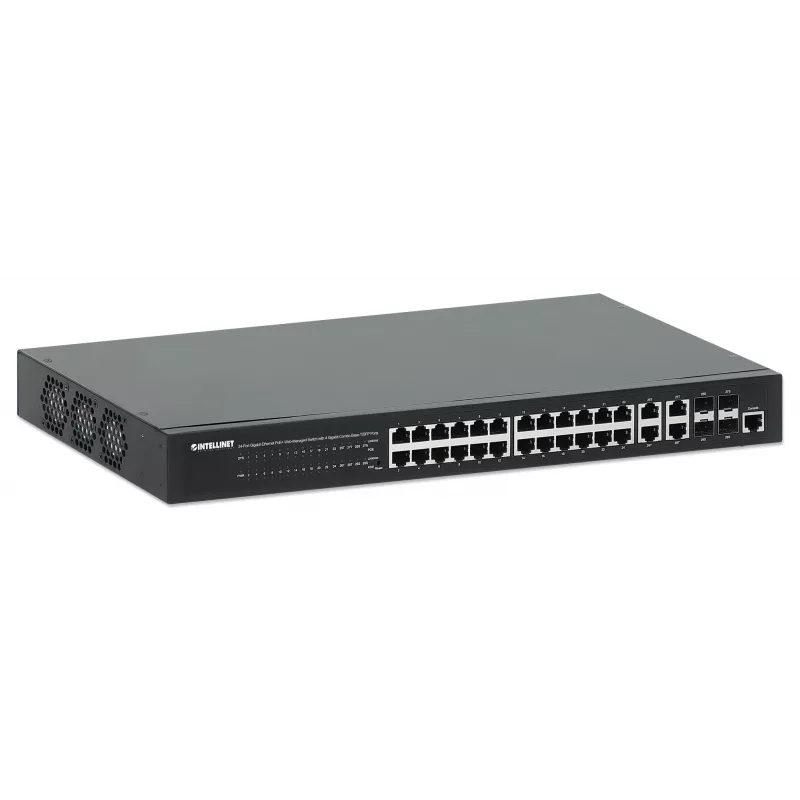 Intellinet 24-Portu Gigabit Ethernet PoE+ Web-Vadāms Slēdzis ar 4 Kombinētiem Gigabit Base-T/SFP Portiem, IEEE 802.3at/af Power over Ethernet (PoE+/PoE) Saderīgs, 370 W, Endspan, 19 inch Rackmontāžai