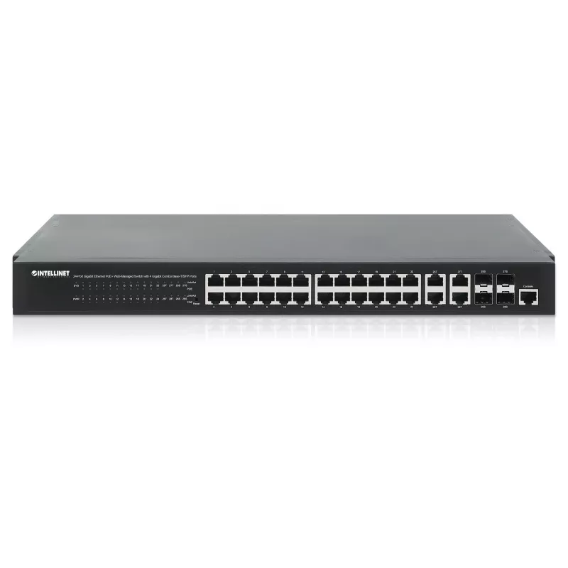 Intellinet 24-Portu Gigabit Ethernet PoE+ Web-Vadāms Slēdzis ar 4 Kombinētiem Gigabit Base-T/SFP Portiem, IEEE 802.3at/af Power over Ethernet (PoE+/PoE) Saderīgs, 370 W, Endspan, 19 inch Rackmontāžai