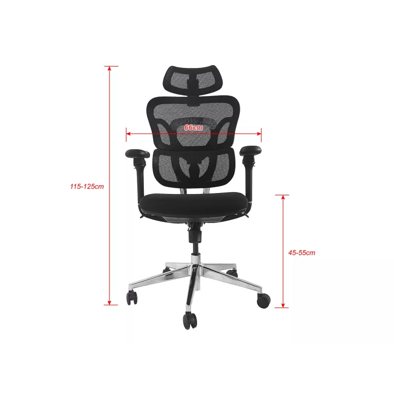 Ergonomisks biroja krēsls EQUIP 651053 ar galvas balstu un roku balstiem, sieta atzveltne, polsterēts sēdeklis, regulējams augstums 117–135 cm, platums 660 mm, melns