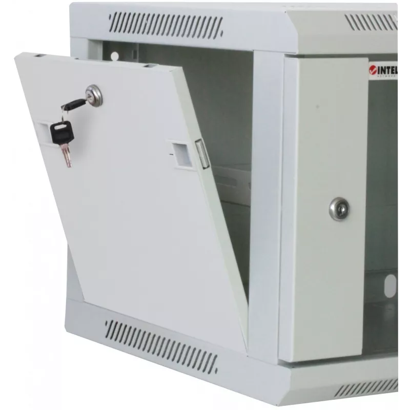Intellinet 19 inch tīkla skapis - sienas stiprinājums (standarta), 6U, 450mm dziļš, pelēks, salikts, max 60kg, piemērots arī lietošanai uz galda vai grīdas, lietderīgais dziļums 350mm, metāla un stikla durvis, aizmugures panelis, noņemami sāni, sienas montāža