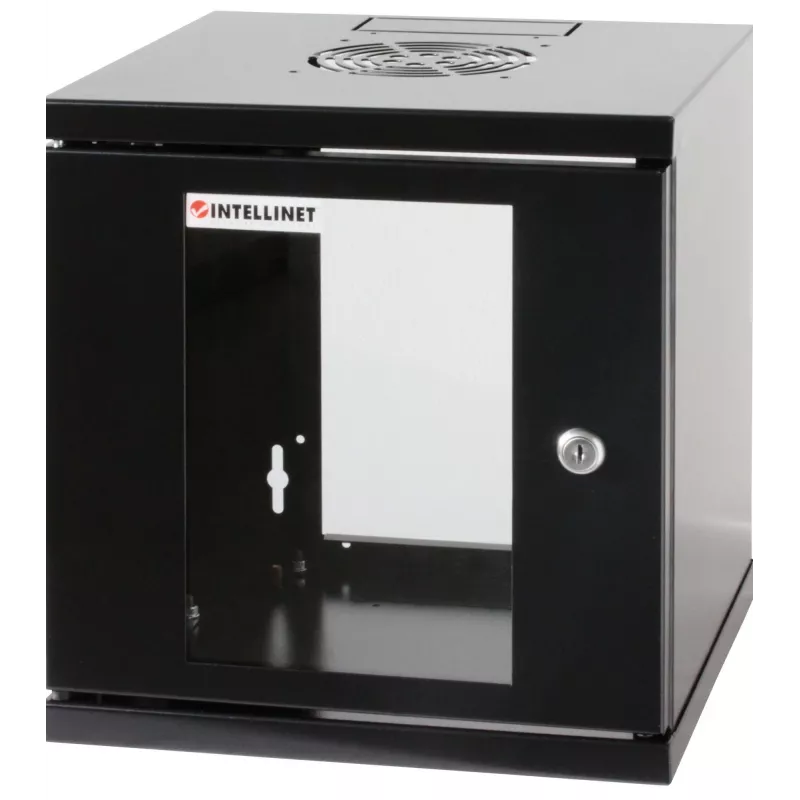 Intellinet 10 collu tīkla skapis - sienas stiprinājums (standarta), 6U, 300mm dziļš, melns, salikts, max 60kg, piemērots arī lietošanai uz galda vai grīdas, lietderīgais dziļums 265mm, metāla un stikla durvis, aizmugures panelis, noņemami sāni, sienas mon