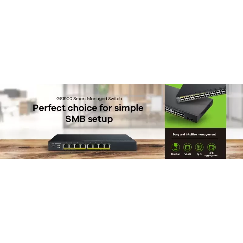 Zyxel GS1900-8HP pārvaldāms L2 Gigabit Ethernet (10/100/1000) PoE slēdzis, melns