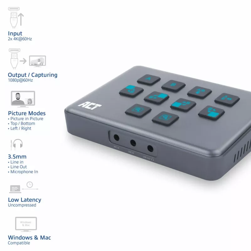 ACT AC7610 USB-C video pārslēdzējs ar diviem HDMI ieejām 60Hz Pelēks