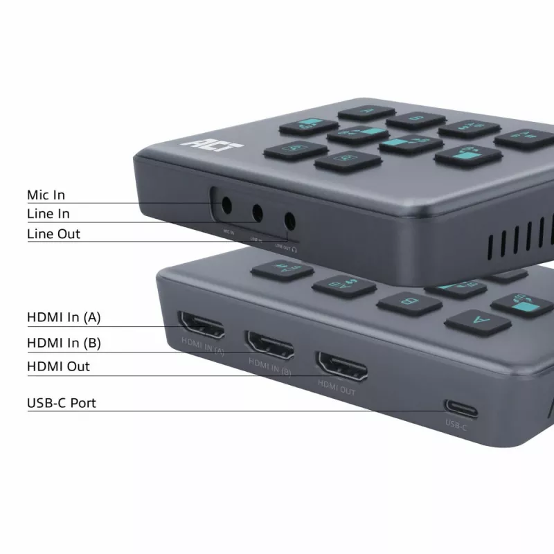 ACT AC7610 USB-C video pārslēdzējs ar diviem HDMI ieejām 60Hz Pelēks