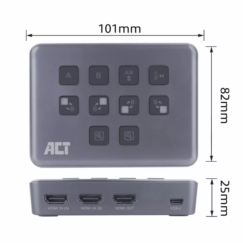 ACT AC7610 USB-C video pārslēdzējs ar diviem HDMI ieejām 60Hz Pelēks