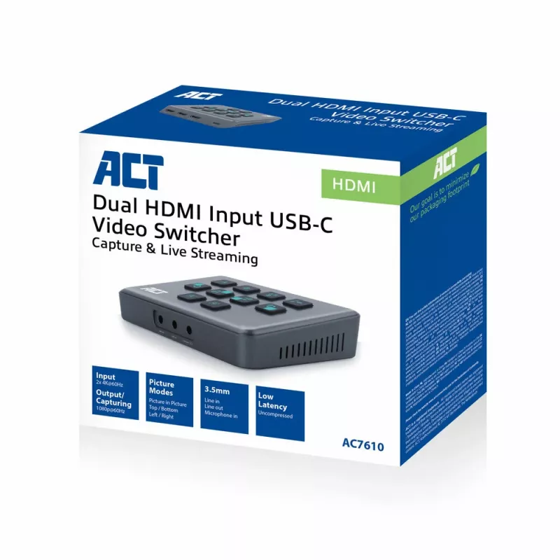 ACT AC7610 USB-C video pārslēdzējs ar diviem HDMI ieejām 60Hz Pelēks