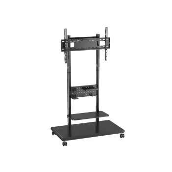 Mobilais TV ratiņš EQUIP 50–90 collām ar pegboard plauktu, VESA 200x200–600x400, 60 kg, melns