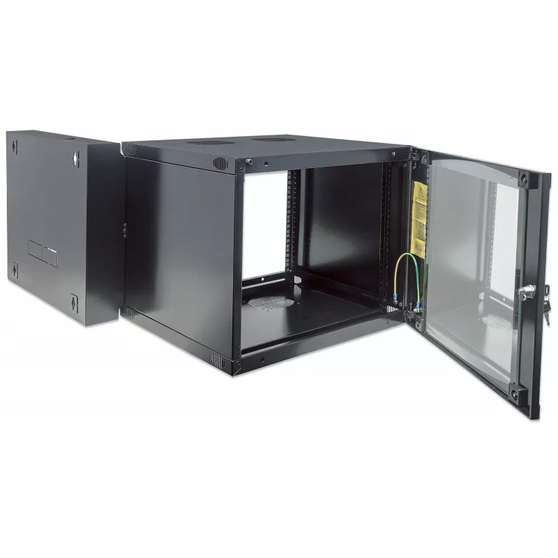 Intellinet 19 collu tīkla skapis - sienas montāža (divu sekciju veramās durvis), 6U, 600mm dziļš, melns, plakanpakotne, maks. 30kg, izvelkams, lai piekļūtu aizmugurei, lietderīgais dziļums 385mm, sienas montāžas daļas nav iekļautas