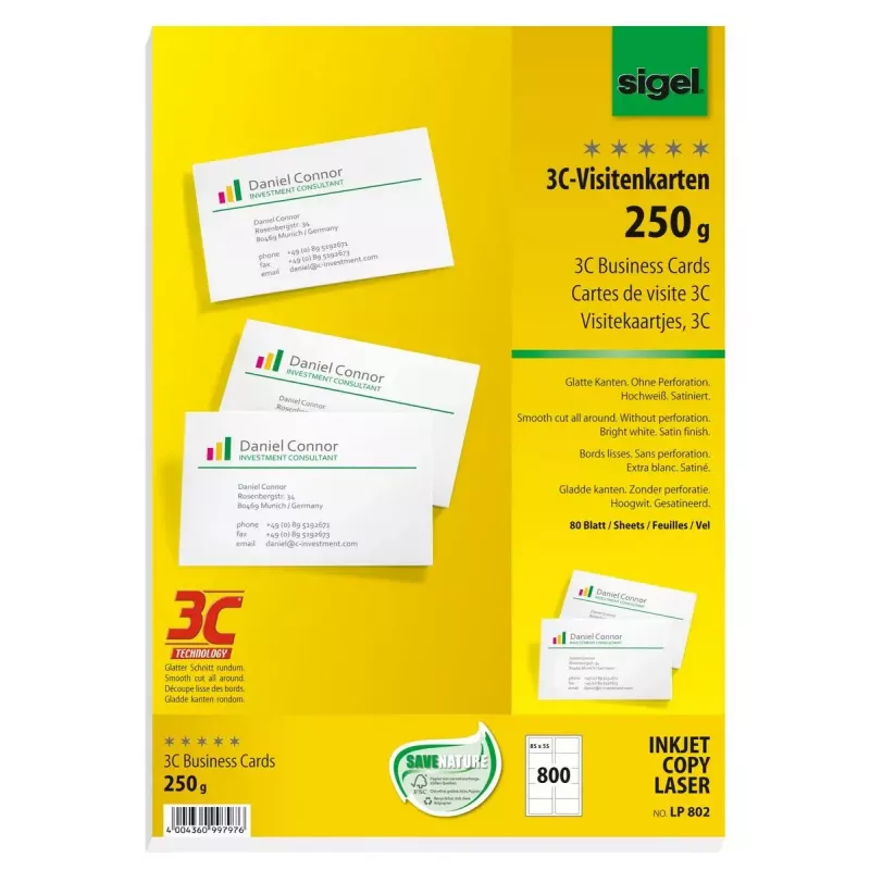 Vizītkartes Sigel LP802, matētas, 250 g/m², 80 loksnes (800 kartītes)