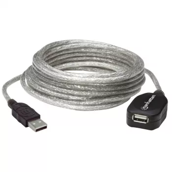 Manhattan USB-A pagarinātājkabelis, 5m, vīrišķais–sieviešu, aktīvs, caurspīdīgs sudrabs, 480 Mbps (USB 2.0), ķēdes savienojams, iebūvēts retranslators