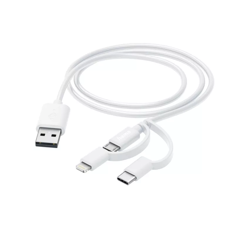 Hama 3-in-1 Universālais Lādēšanas Kabelis, USB-A - Micro-USB, USB-C un Lightning, 1,0 m, Balts