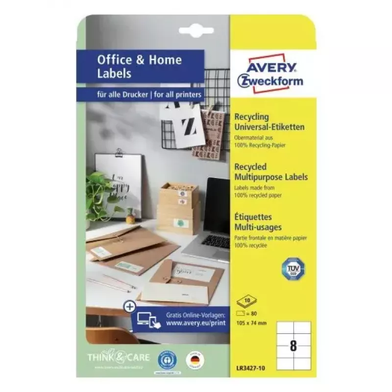 Pašlīmējošas printera uzlīmes Avery LR3427-10 Baltas A4 80 uzlīmes