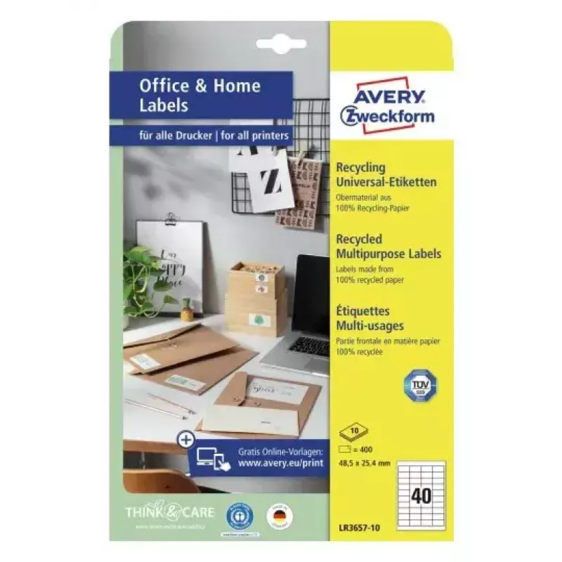 Pašlīmējošas printera etiķetes Avery LR3657-10 Baltas 2,54x4,85 cm 400 gab.