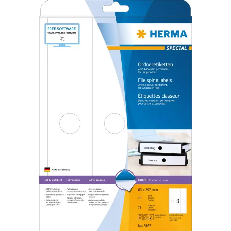 HERMA 5167 A4 piekaramo mapju uzlīmes 63x297 mm balts matēts necaurspīdīgs papīrs 75 gab.