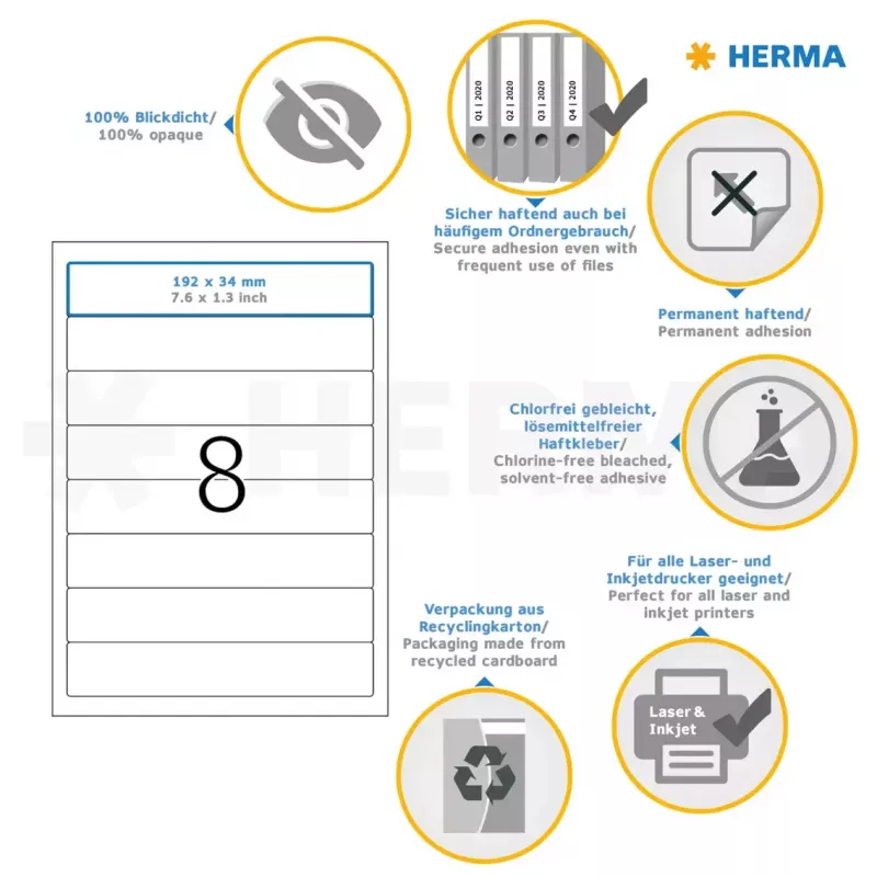 Pašlīmējošās printera etiķetes HERMA File etiķetes A4 192x34 mm