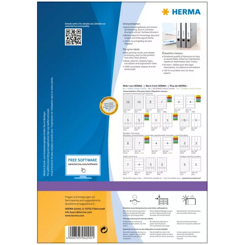 Pašlīmējošās printera etiķetes HERMA File etiķetes A4 192x34 mm