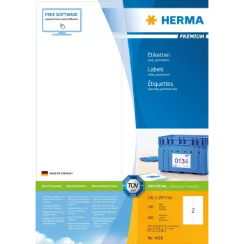 Etiķetes HERMA Premium A4 105x297 mm balts papīrs matēts 200 gab.