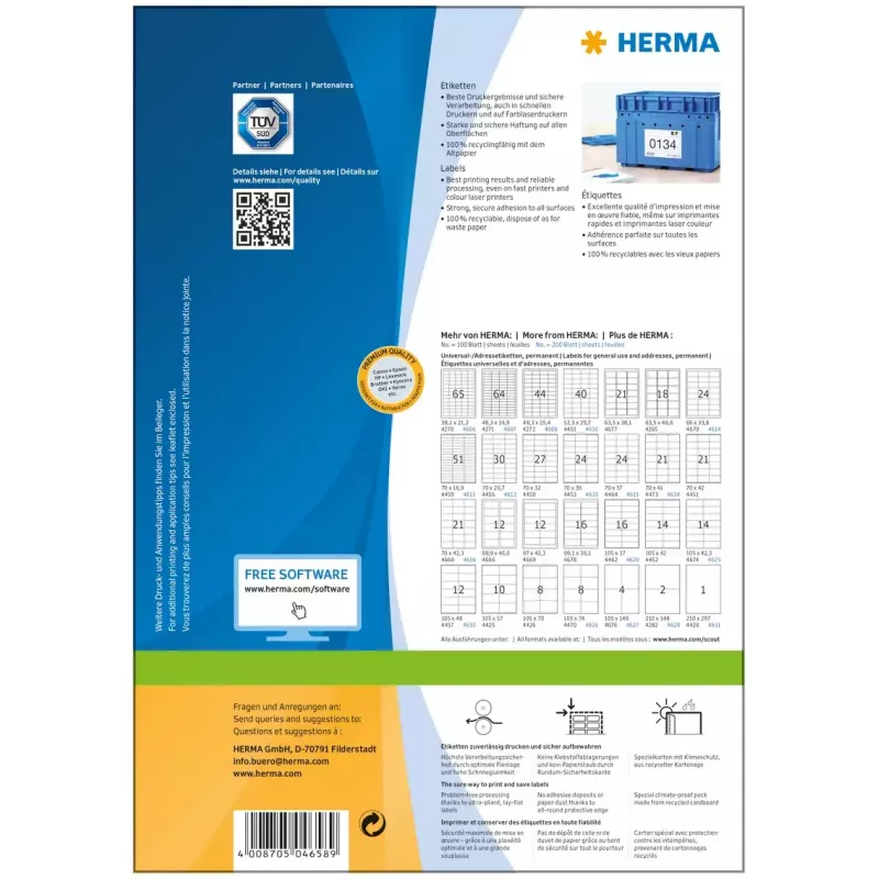Etiķetes HERMA Premium A4 105x297 mm balts papīrs matēts 200 gab.