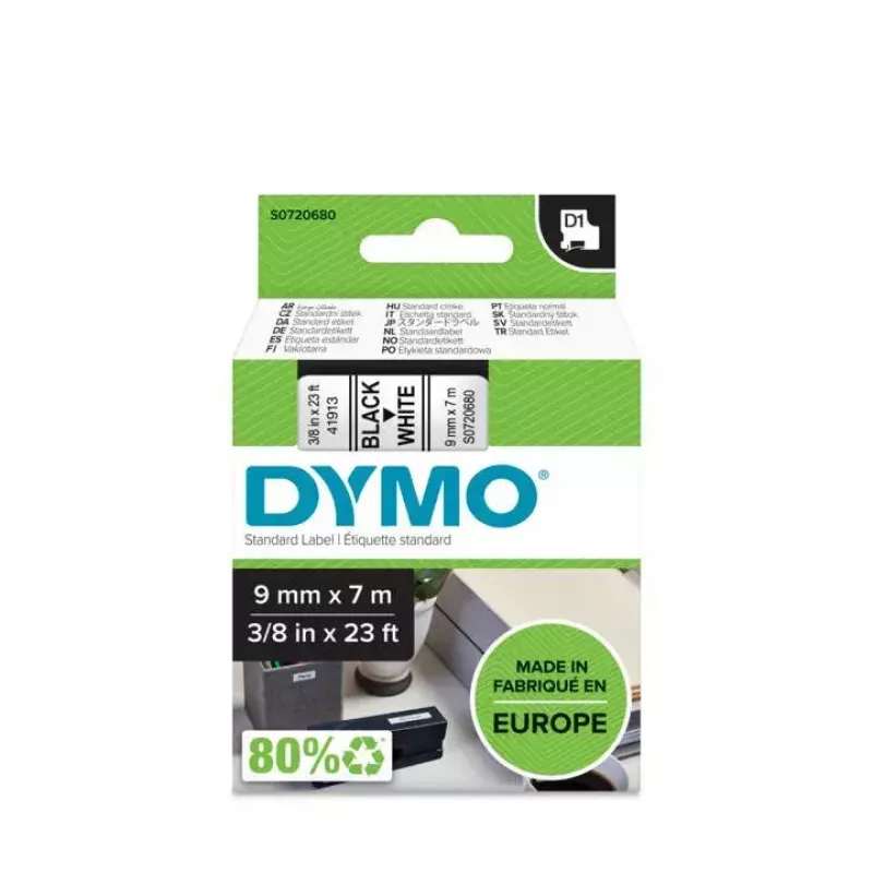 Lentes etiķete DYMO D1 Standarta Melns uz Balta 9mm