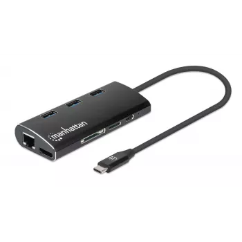 Manhattan USB-C Doks/Hubs ar karšu lasītāju, Porti (x6): Ethernet, HDMI, USB-A (x3) un USB-C, ar Power Delivery (100W) uz USB-C portu, Universāls visām ierīcēm, Alumīnijs