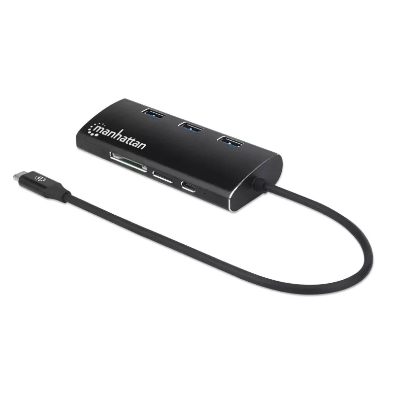 Manhattan USB-C Doks/Hubs ar karšu lasītāju, Porti (x6): Ethernet, HDMI, USB-A (x3) un USB-C, ar Power Delivery (100W) uz USB-C portu, Universāls visām ierīcēm, Alumīnijs