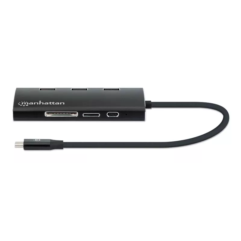 Manhattan USB-C Doks/Hubs ar karšu lasītāju, Porti (x6): Ethernet, HDMI, USB-A (x3) un USB-C, ar Power Delivery (100W) uz USB-C portu, Universāls visām ierīcēm, Alumīnijs